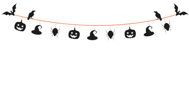 ilustrações, clipart, desenhos animados e ícones de guirlanda de halloween laranja e cinza. abóbora, morcego, chapéu de bruxa, aranha, corvo no fundo branco. ilustração vetorial de festiv. decoração de celebração de halloween - bat halloween spider web spooky