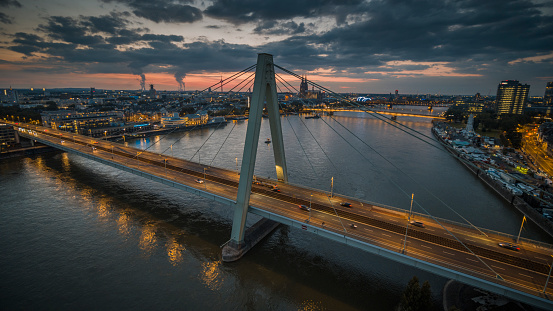 Severin Bridge in Cologne at dusk - Aerial View