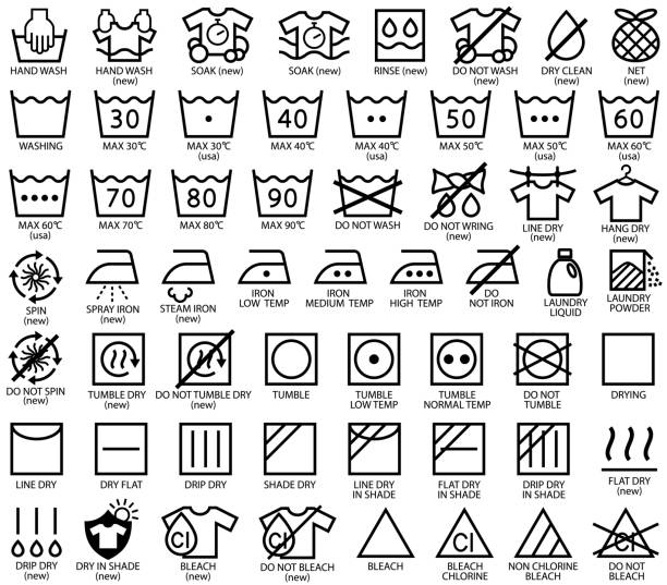 Laundry Icons, Standard Traditional and New Versions Single color isolated laundry icons. Standard and new versions. Text converted to paths on separate layer. tumble dryer stock illustrations