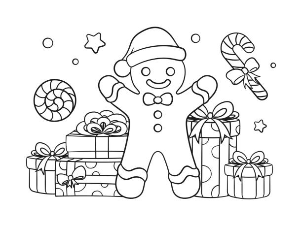 Gingerbread man with gift boxes and peppermint candy cane outline line art doodle cartoon illustration. Winter Christmas theme coloring book page activity for kids and adults. Gingerbread man with gift boxes and peppermint candy cane outline line art doodle cartoon illustration. Winter Christmas theme coloring book page activity for kids and adults. colouring book stock illustrations