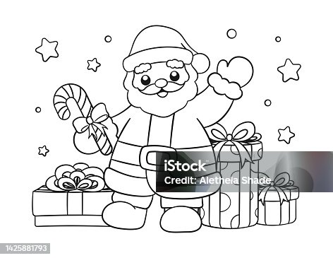 istock Santa Claus with gifts and candy cane outline line art doodle cartoon illustration. Winter Christmas theme coloring book page activity for kids and adults. 1425881793