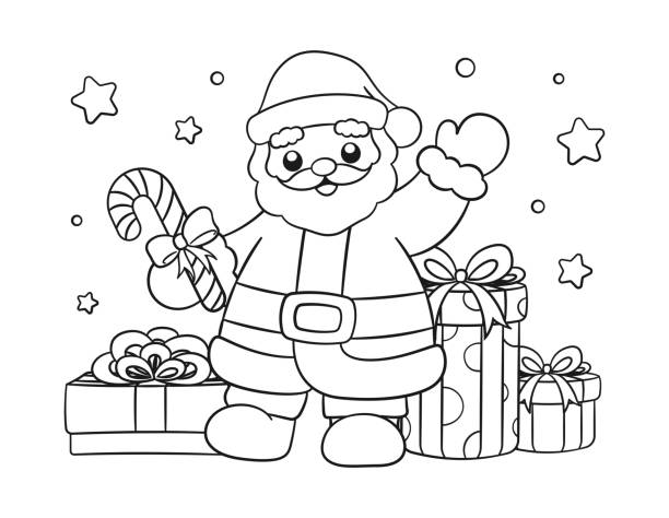 Santa Claus with gifts and candy cane outline line art doodle cartoon illustration. Winter Christmas theme coloring book page activity for kids and adults. Santa Claus with gifts and candy cane outline line art doodle cartoon illustration. Winter Christmas theme coloring book page activity for kids and adults. kruis stock illustrations