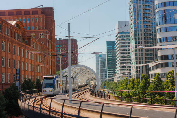 Scenic view of railway through downtown district in The Hague