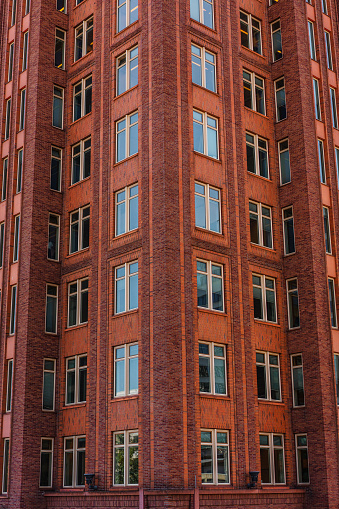 Close-up view of New York City style apartment buildings with emergency stairs along Mott Street in Chinatown neighborhood of Manhattan, New York, United States.