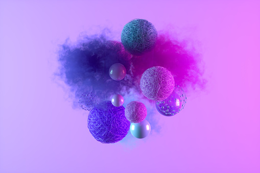 Flying Christmas ornaments neon new year background, 3d render.