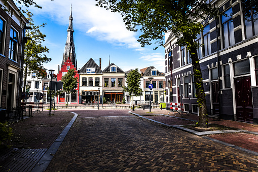 Amsterdam, Netherlands old town cityscape with cathedral towers at udskl.