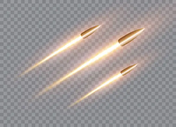 Vector illustration of Realistic flying bullet in motion with the fiery trace. Vector illustration