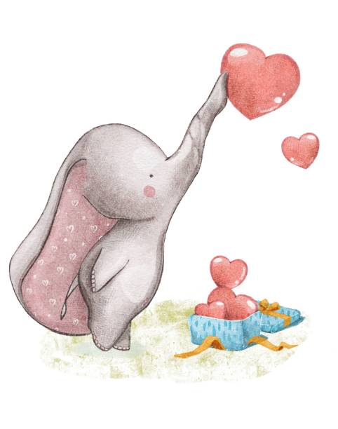 Cute baby elephant collect hearts in the gift box