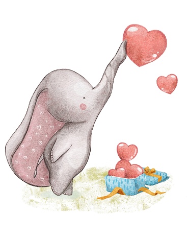 Cute baby elephant collect hearts in the gift box