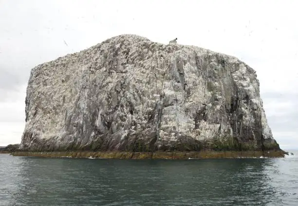 Bass Rock, near North Berwick, in Scotland with foghorn placed on the top