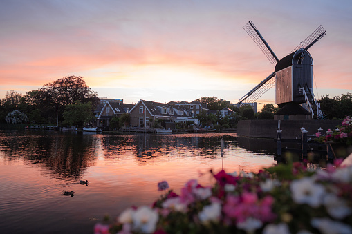 Scenic view of windmill in Leiden at sunset