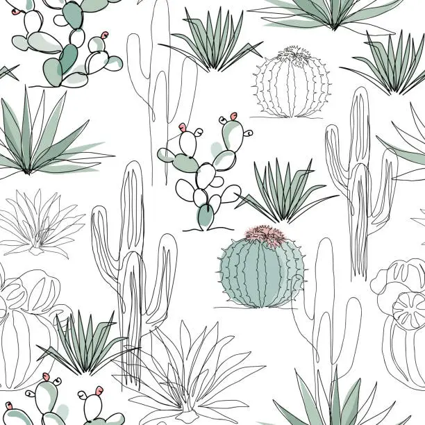 Vector illustration of Abstract cactus garden. Continuous line drawing. Seamless pattern