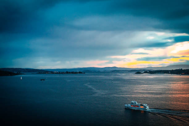 Oslo, Norway - August, 2019: Night view during sunset on the Oslo Fjord during summer.