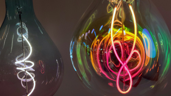 Close up picture of a  multi-colored light bulb,