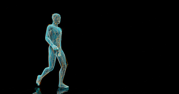 Digitally generated image of a human hologram walking on a dark background with a coop space for a futuristic scientific design