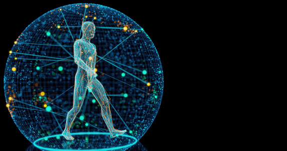 Digitally generated image of a human hologram in a molecular sphere, walking on a dark background
