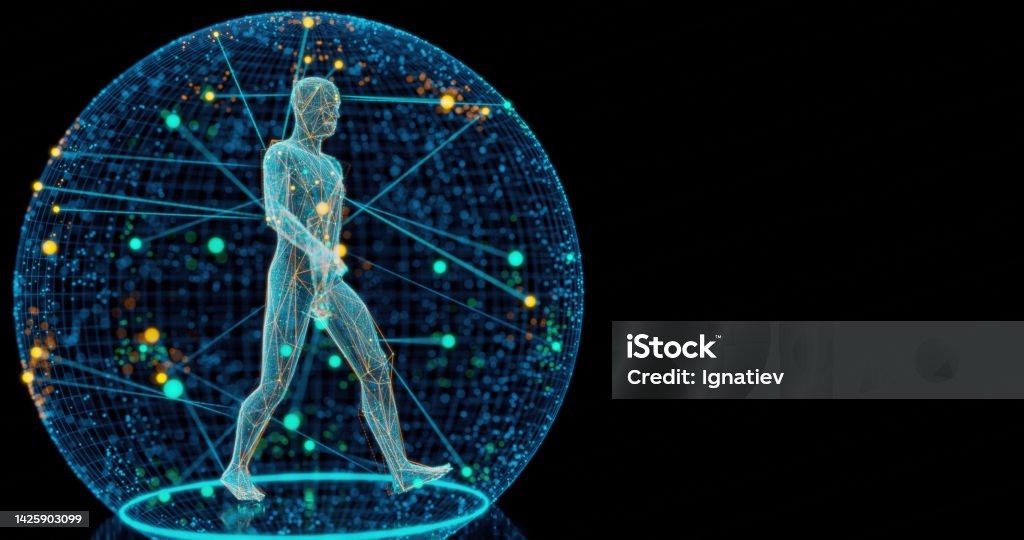 Digitally generated image of a human hologram in a molecular sphere Digitally generated image of a human hologram in a molecular sphere, walking on a dark background One Person Stock Photo