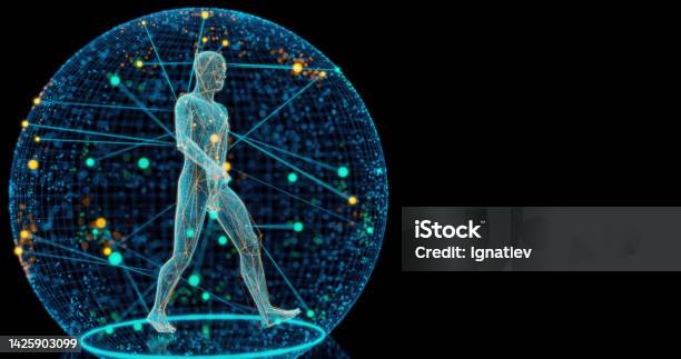 Digitally Generated Image Of A Human Hologram In A Molecular Sphere Stock Photo - Download Image Now
