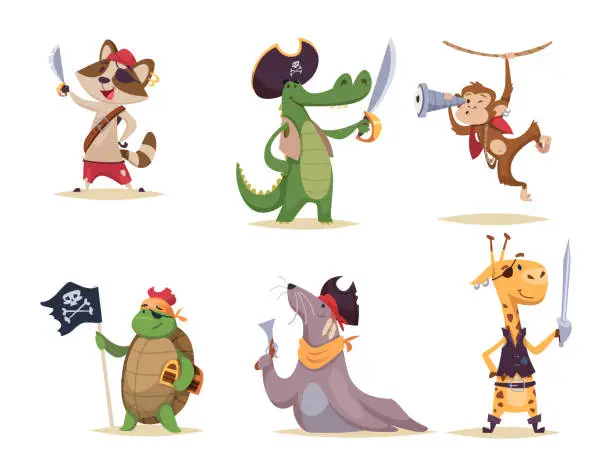 Vector illustration of Pirate animals. Wild animals in action poses with pirate attributes clothes and weapons exact vector colored cute illustrations
