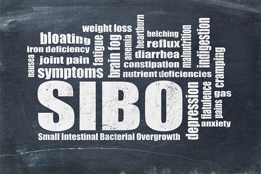 SIBO (small intestinal bacterial overgrowth) symptoms - word cloud with white chalk text on a blackboard, gut health concept