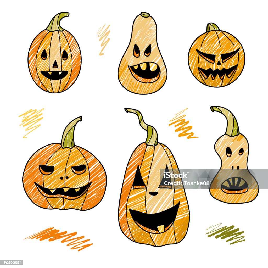 Ilustración de Dibujos A Lápiz Conjunto De Elementos De Halloween Calabaza  Vector y más Vectores Libres de Derechos de Arte - iStock