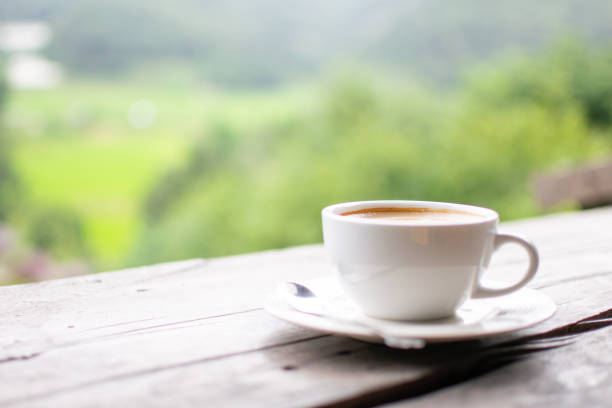 istock Coffee Cup on Table Against Landscape Scenery Mountain Hill Background 1425907437