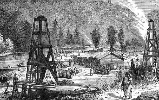 An oil well in nineteenth century USA. Drilling rig in Pennsylvania