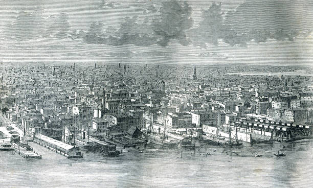 ilustraciones, imágenes clip art, dibujos animados e iconos de stock de manhattan skyline nueva york siglo 19 1800s - east river illustrations