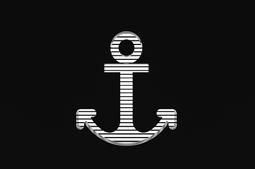 The white anchor with black stripes on a black background. Anchor concept. 3D render.