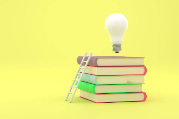 istock stack of books with white ladder and illuminated light bulb on top of them. 1425914791