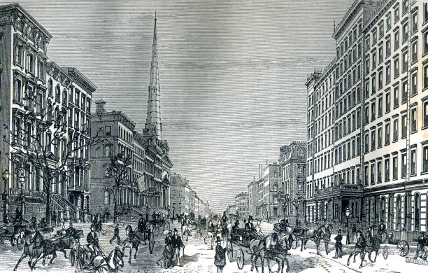 fifth avenue 5th na manhattanie nowy jork 19th century 1800s - circa 5th century illustrations stock illustrations