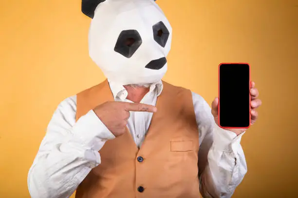 Businessman with panda bear head pointing at the screen of a samrtphone