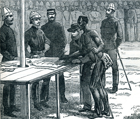 Period illustration which some may find racist or derogatory. 

1 September 1879, Zulu Chiefs sign Peace Stipulations with Sir Garnet Wolseley at Ulundi