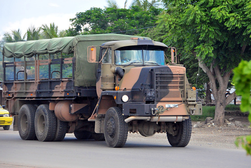 Dili, East Timor / Timor Leste: Australian Army Mack  RM6866RS a 12-ton 6x6 tactical truck ( right-hand drive, assembled in Australia) - MC3, a version of the US Mack R-series.