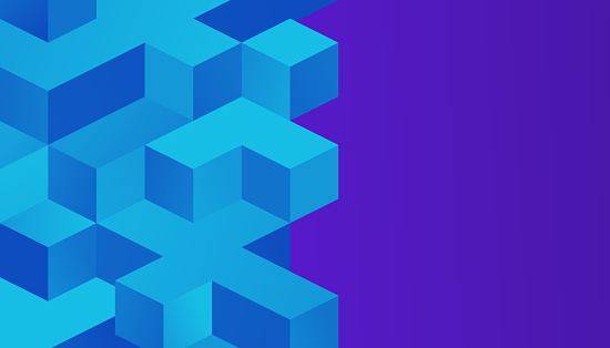 Blue cubes blockchain blocks isometric design background.