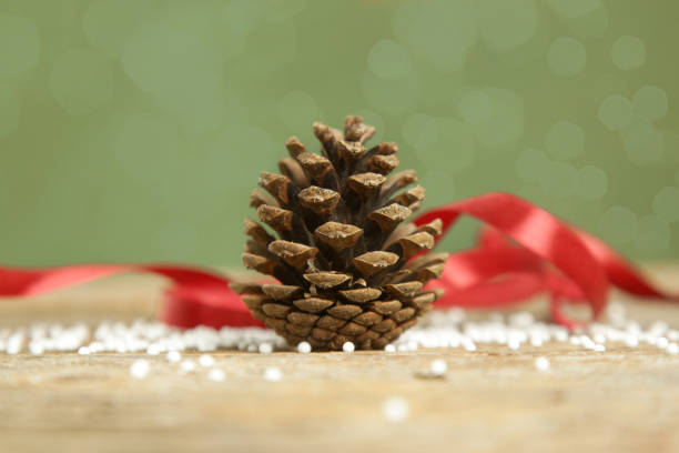 Christmas decoration with pine cones and blurred bokeh lights