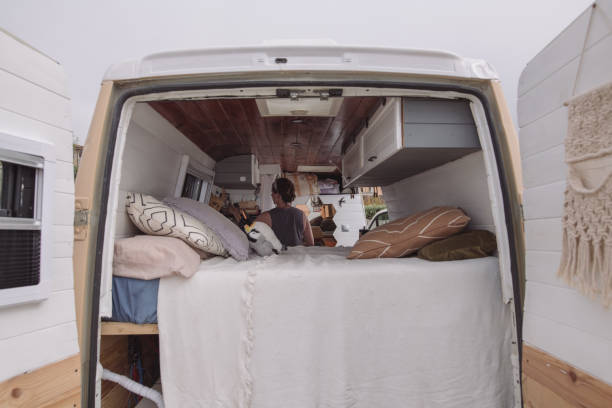Life inside a camper van stock photo