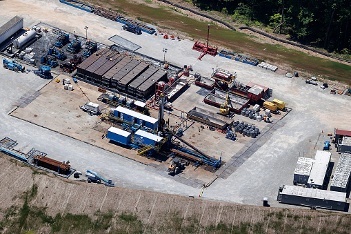 Aerial view of natural gas well drilling in the Marcellus shale formation in northern West Virginia photograph taken June 2022