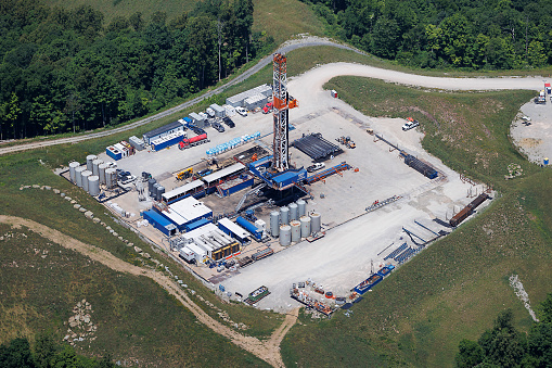 Aerial view of natural gas well drilling in the Marcellus shale formation in northern West Virginia photograph taken June 2022