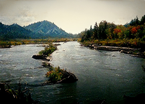 Conceptual digital illustration of river flowing through valley in United States, New York, New York