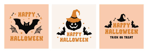 illustrations, cliparts, dessins animés et icônes de cartes d’halloween avec de jolis éléments de silhouette dessinés à la main sur un fond pastel - holiday halloween holidays and celebrations basket