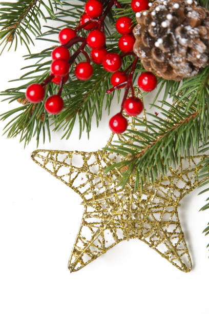istock Golden Christmas star-shaped ornament and tree branches with red berries, close up 1425935744