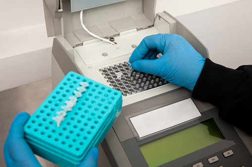 Closeup of a scientist hand while working at the laboratory with a thermal cycler. Polymerase chain reaction technique. PCR technique