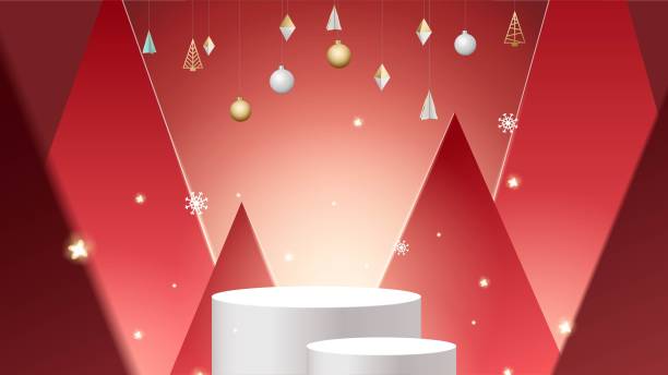 illustrazioni stock, clip art, cartoni animati e icone di tendenza di modello di natale 3d realistico. piedistallo o podio di supporto per l'esposizione dei prodotti espositivi. decorazione natalizia su sfondo rosso. - christmas winter non urban scene snow