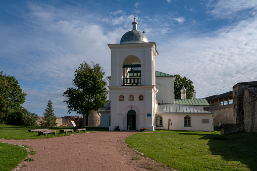 View of the St. Nicholas (Nikolsky) Cathedral on the territory of the Izborsk fortress (XIV-XVII centuries) on a sunny summer day, Stary Izborsk, Pskov region, Russia