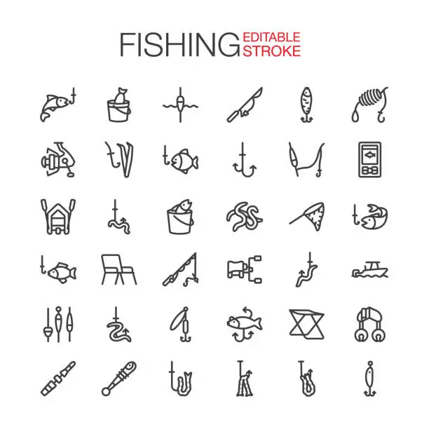 Vector illustration of Fishing Icons Set Editable Stroke