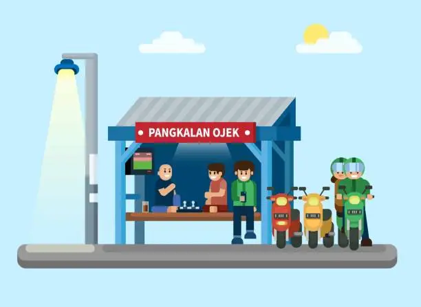 Vector illustration of Pangkalan Ojek is Indonesian taxi bike station building scene illustration vector