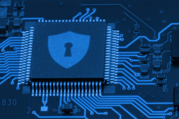 istock Close-up picture of a PCB with shield symbol 1425956531