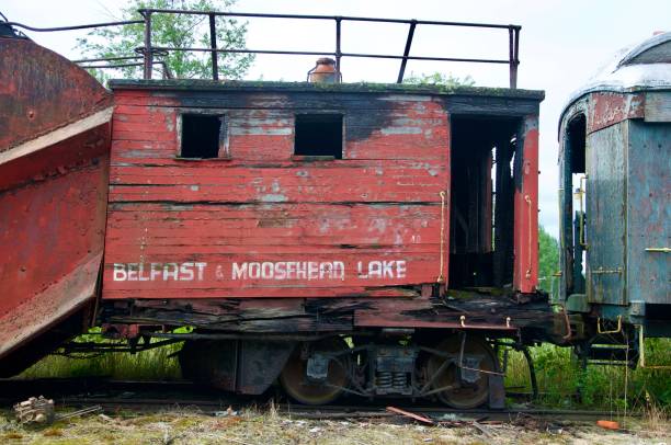 istock Wooden train car charred from fire 1425959102