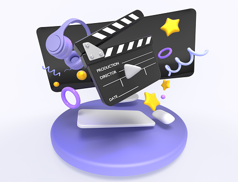 Online cinema banner. Cartoon video streaming service concept for watching movies with computer, clapperboard, headphones, spirals, stars, spheres and rings on white background. 3D render illustration